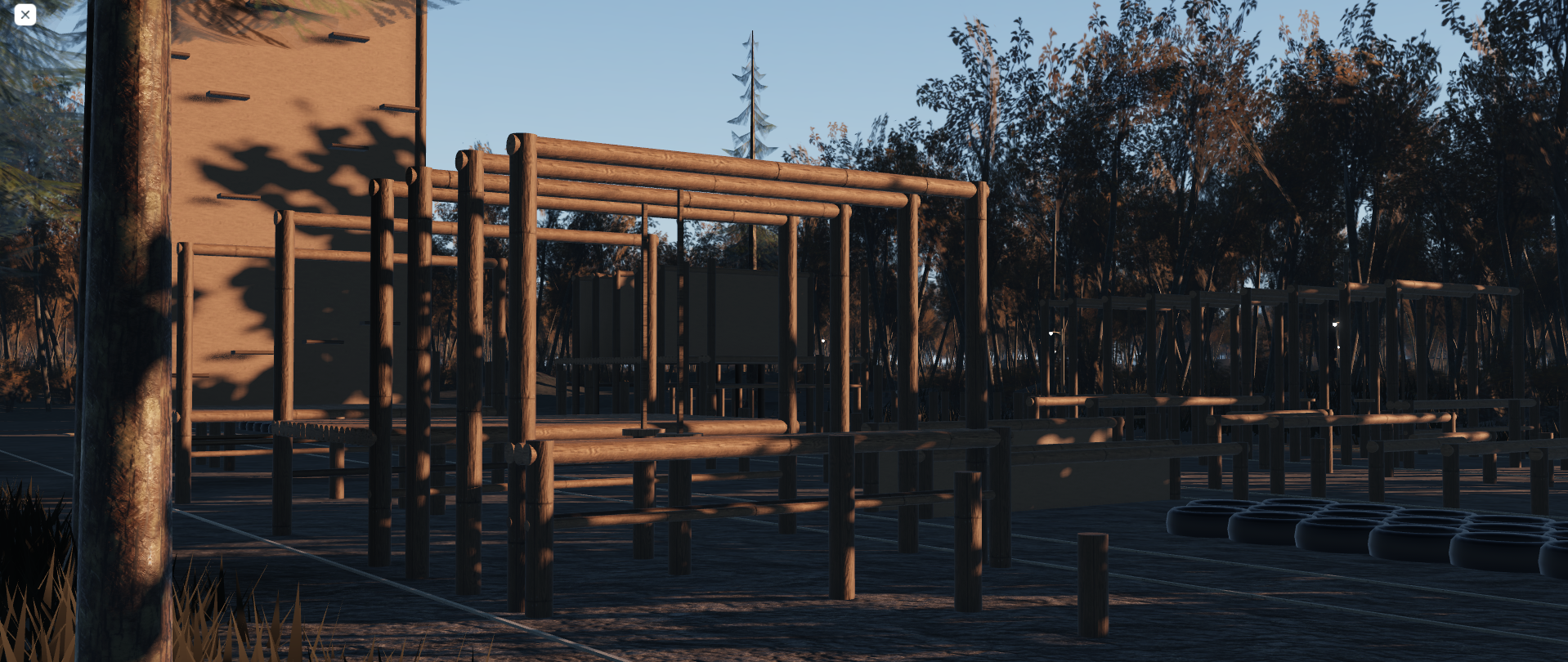 Atmospheric Roblox forest training course at dusk