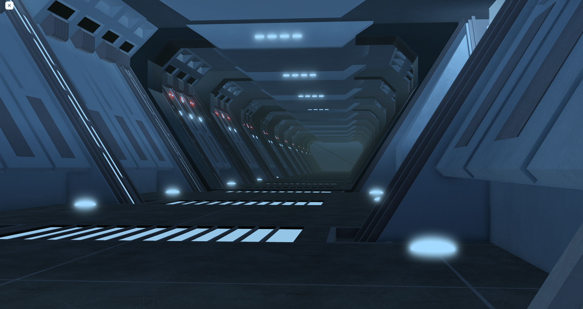 Deep sci-fi Roblox corridor with perspective lighting